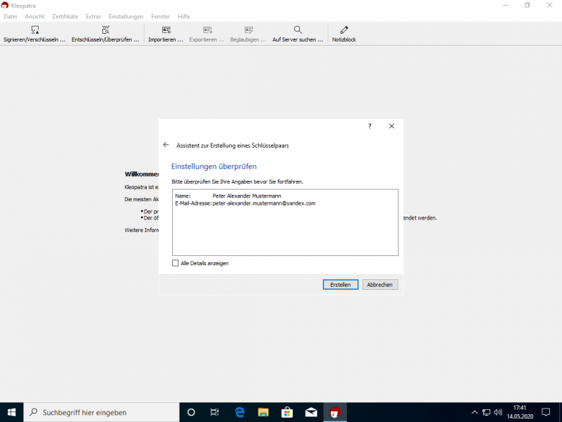 Überprüfen Sie die Eingabe und Erstellen Sie ein Zertifikat