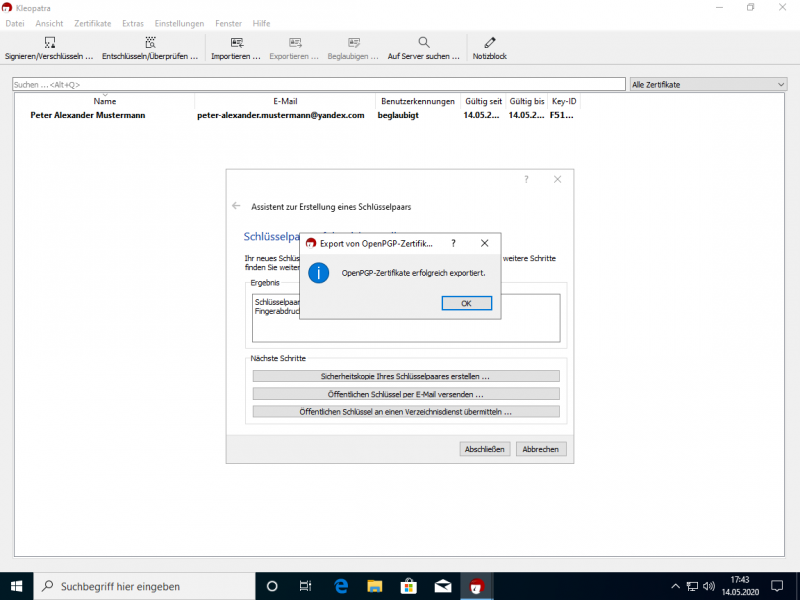 Nach der Meldung über den erfolgreichen Export haben Sie Ihr Zertifikat erfolgreich erstellt